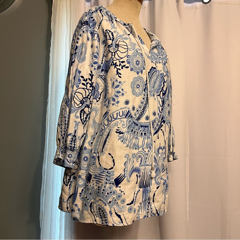 Lantana Women’s L. White & Blue Linen 3/4 Sleeve Boho  Blouse / Top V Neck Beach